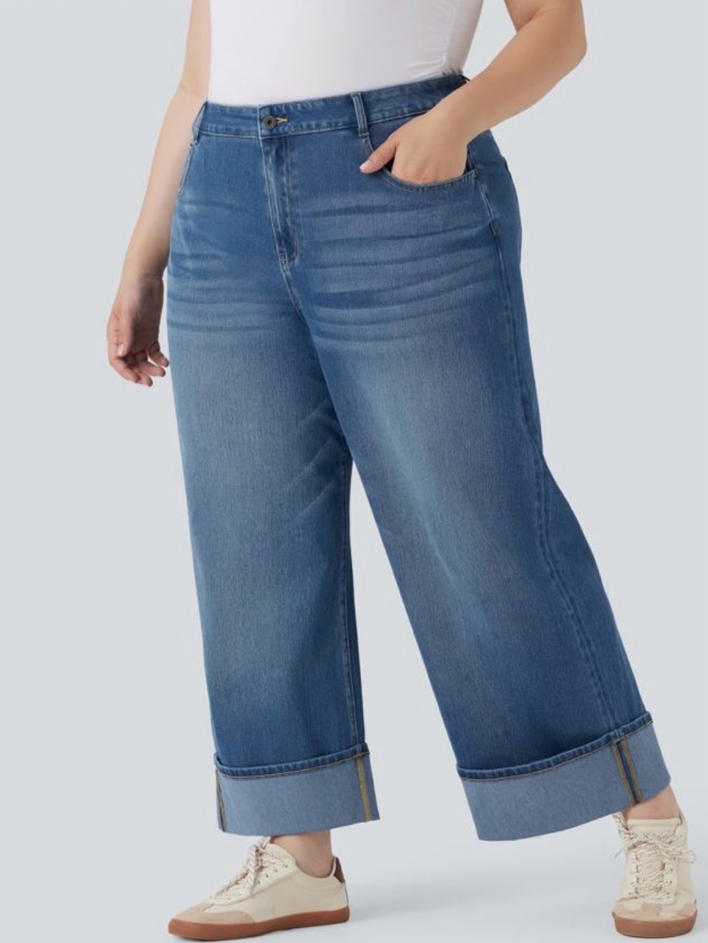 New Halara Flex™ Denim Jeans Plus High Waist Wide Leg Rolled Hem